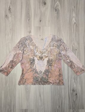 Vtg Y2K Cactus Angel Wing Rhinestone Top - 3/4 Sleeve Lettuce Trim - Large